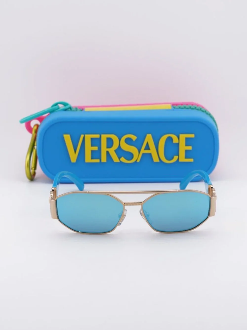 Versace Kids VK2003 100255 Rectangle Sunglasses - Gold/Light Green Mirror Blue